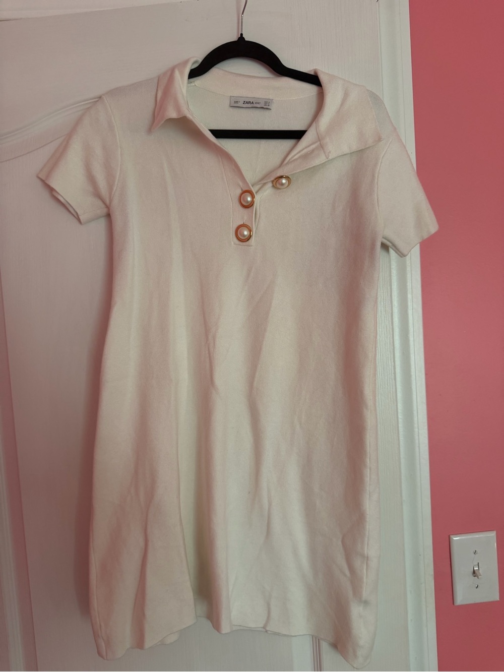 Zara Cream Polo Dress with Gold-Trim Pearl Buttons